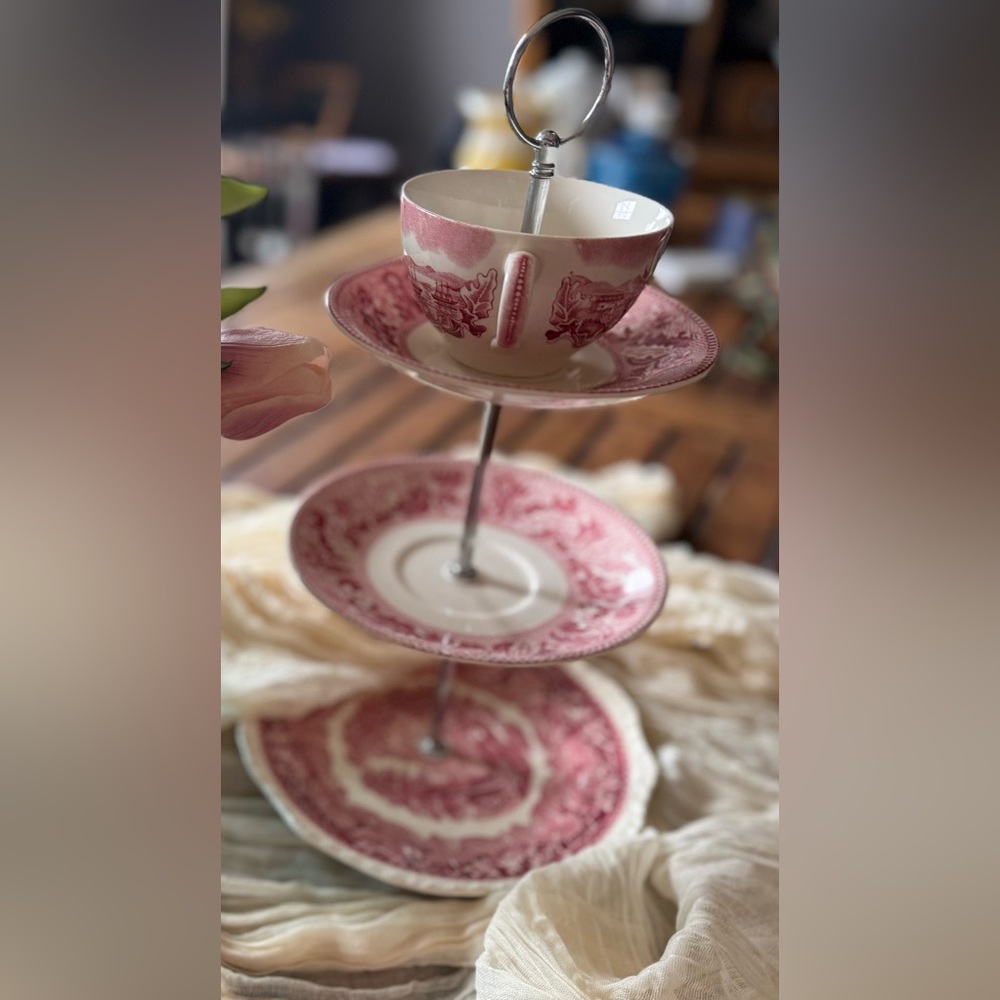 Vintage Red Transferware Tiered Tray Tea Cup Dessert Stand